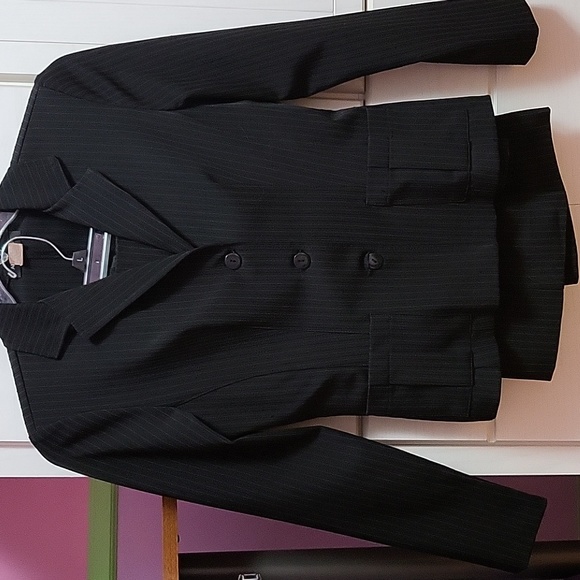 Men's Black Pinstripe 3 Piece 2 Button Italian Designer Suit Flat Front No Pleated Pants - Three Piece Suit